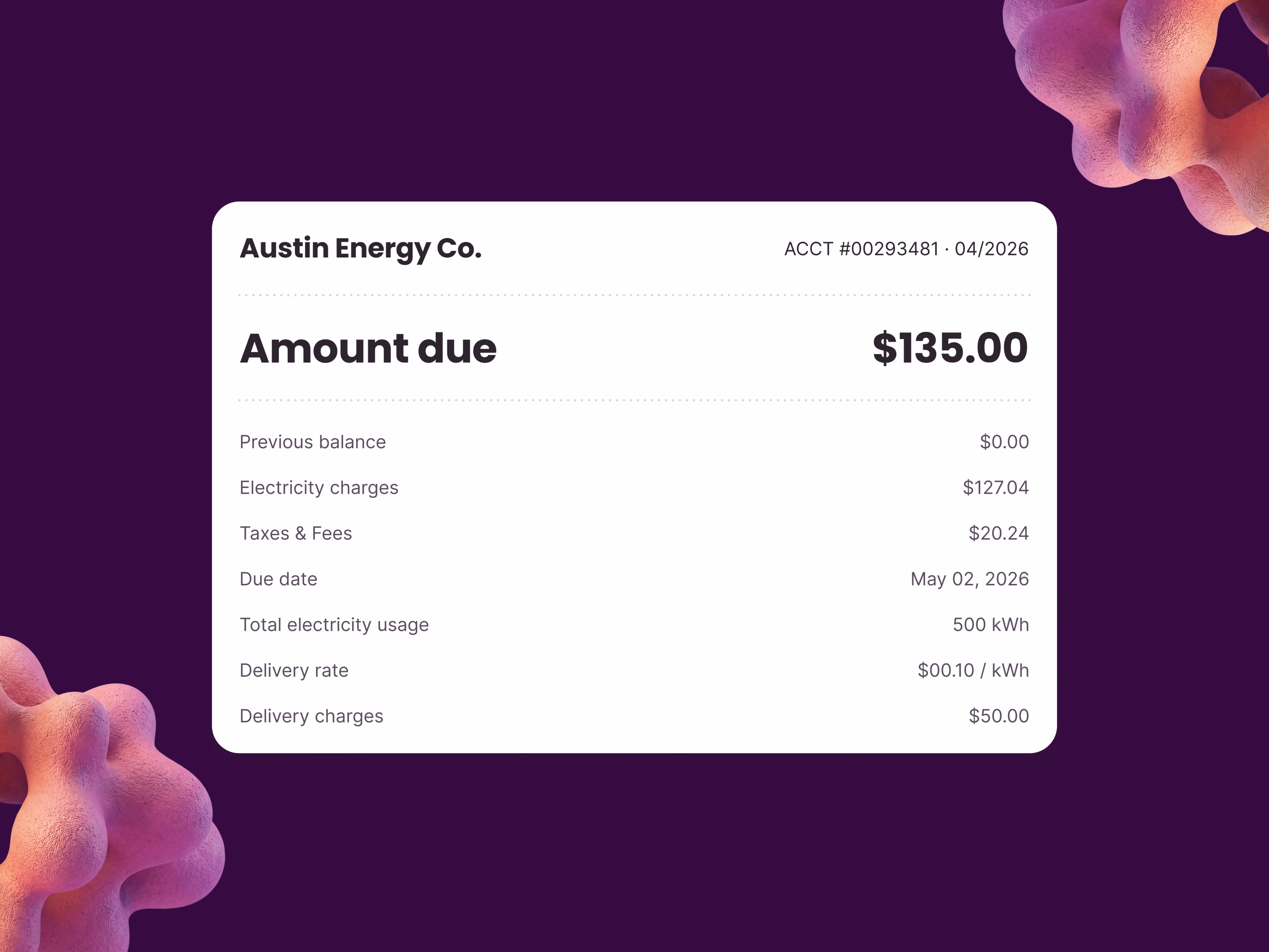 The utility side of the slider: a bill with the amount due, charges, taxes, due date, usage and delivery rates