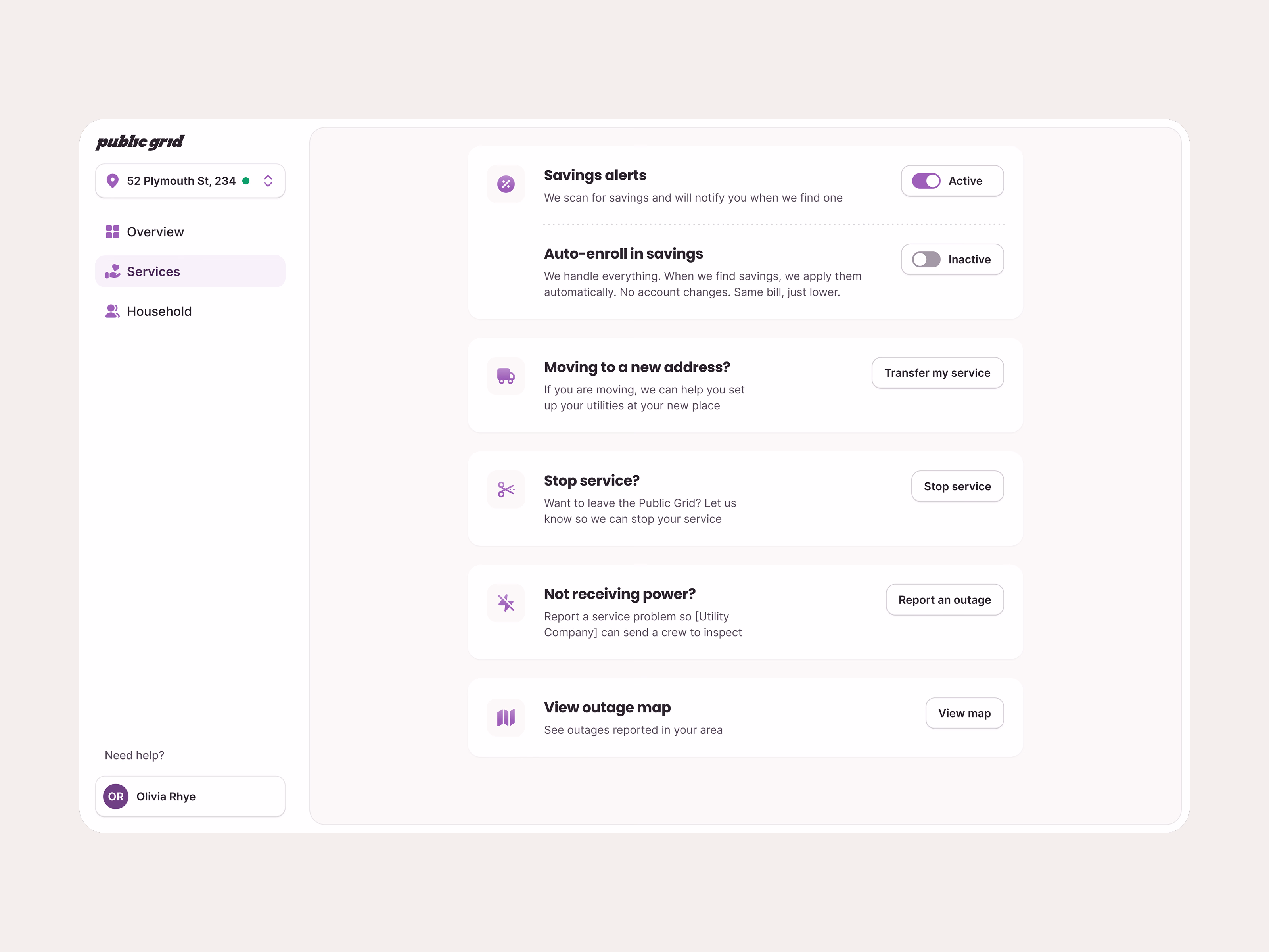 Utility services page in Public Grid's customer app