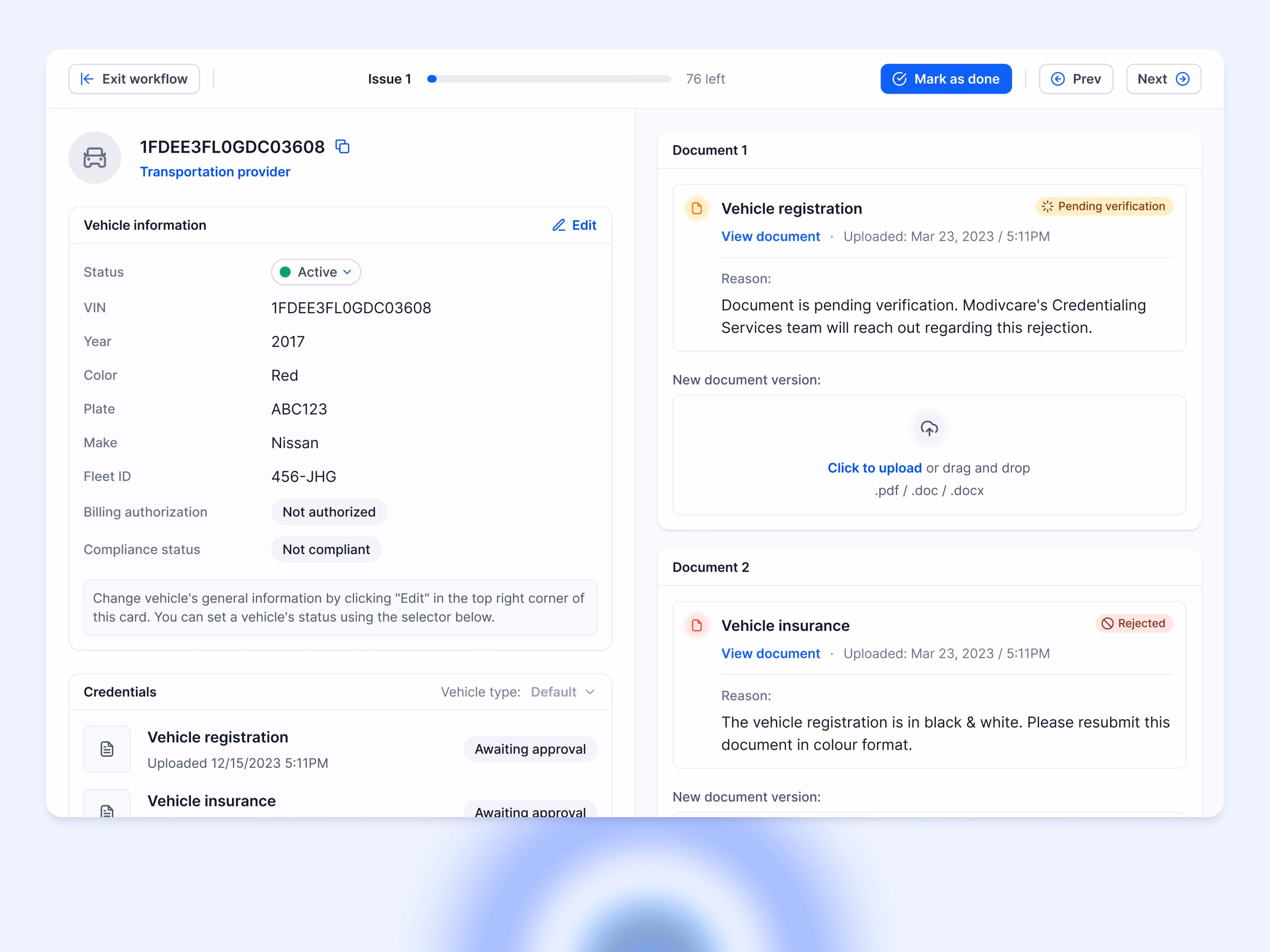 Vehicle document verification workflow for Complicore
