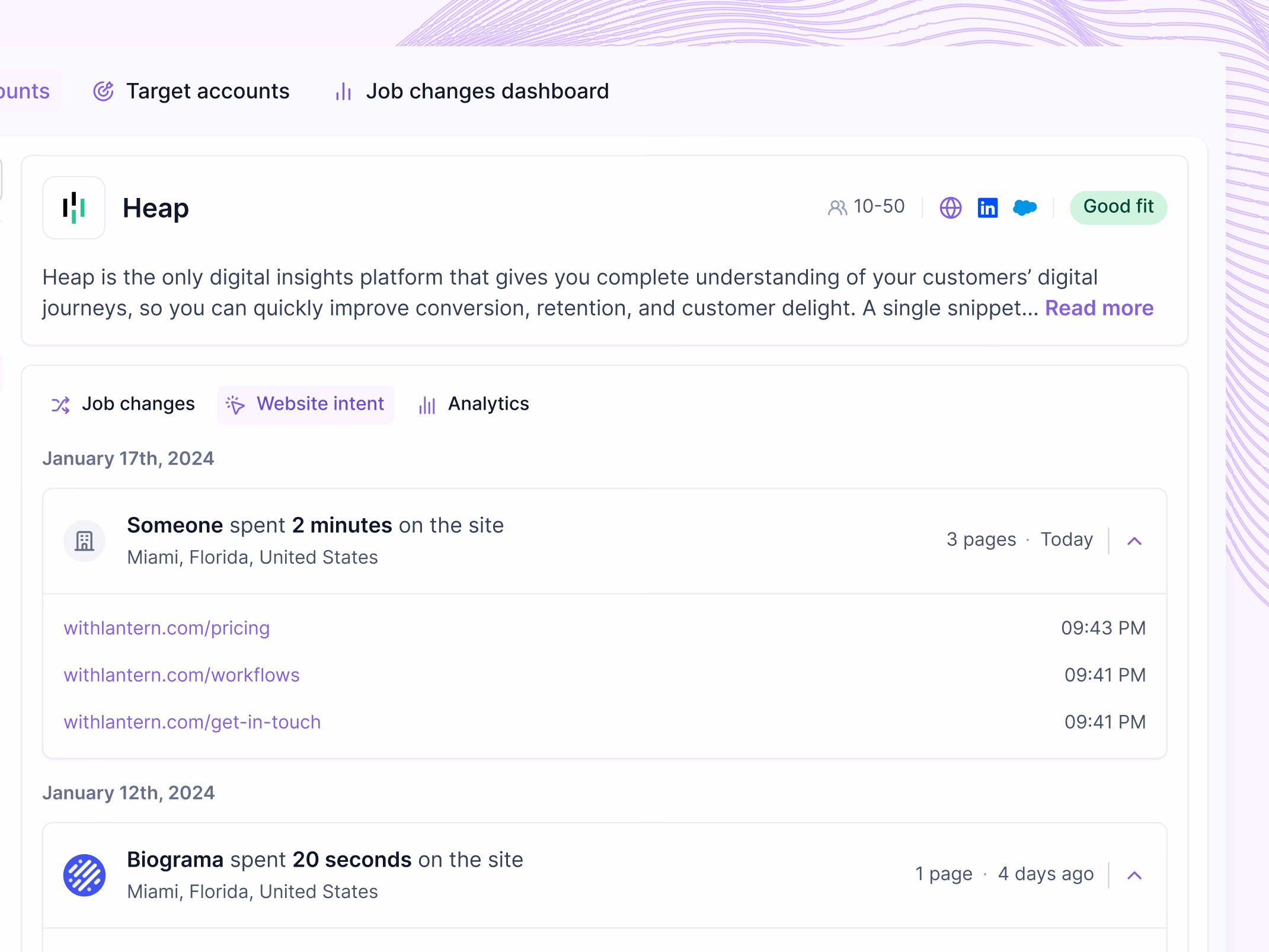 Website intent timeline on company pages in Lantern