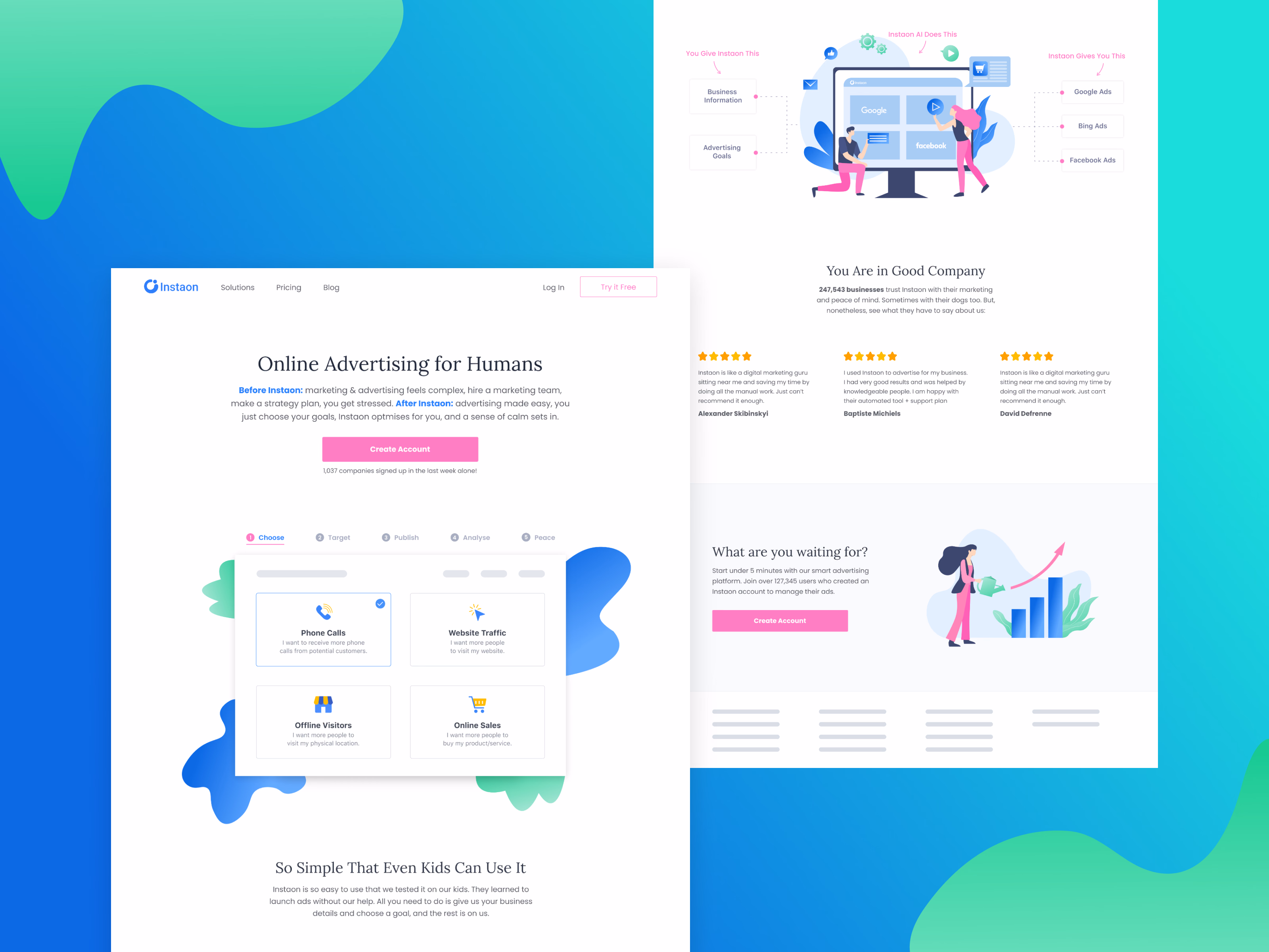 Before and after website layout exploration for Instaon