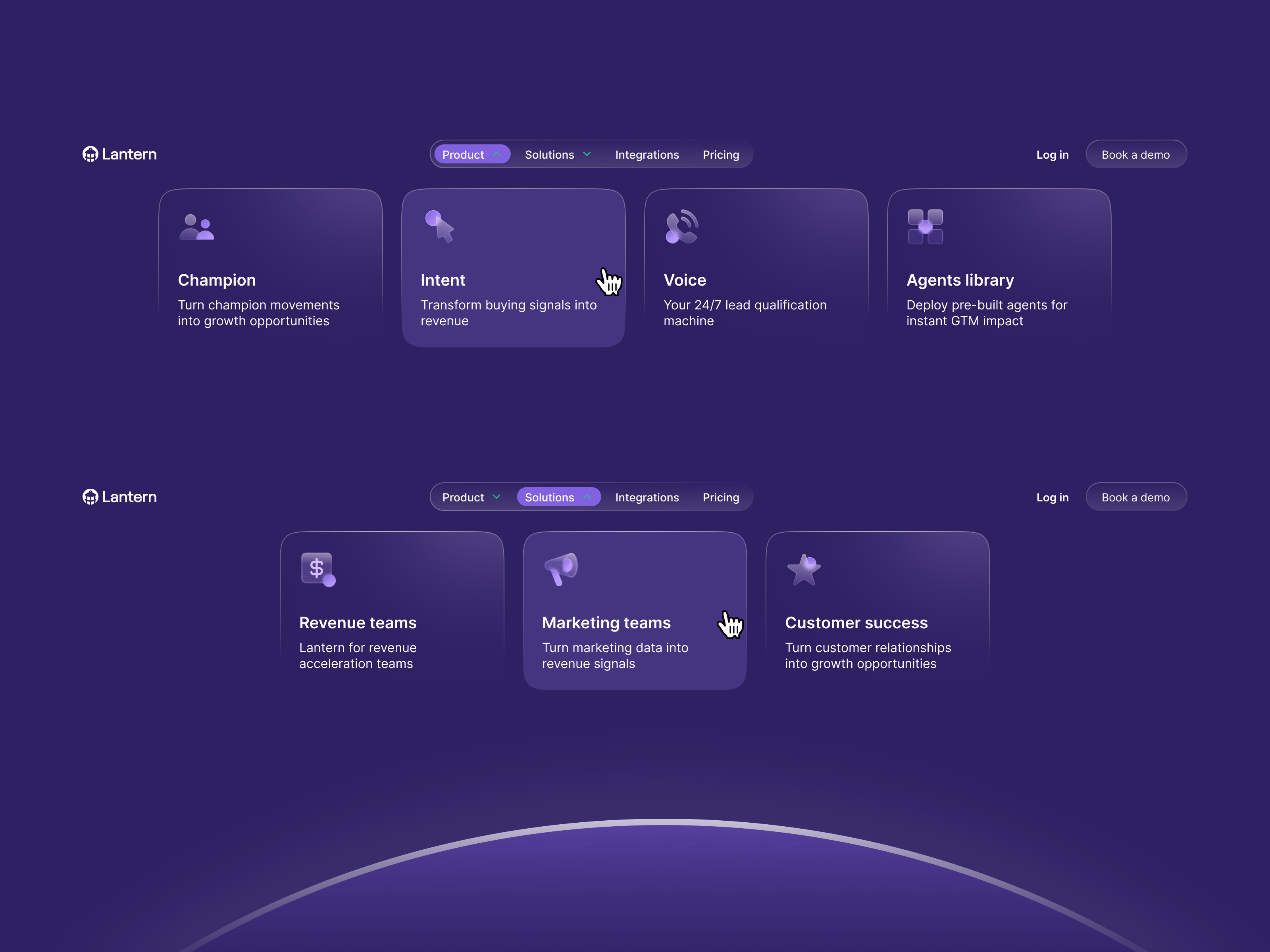 Website navigation menu hover states for Lantern