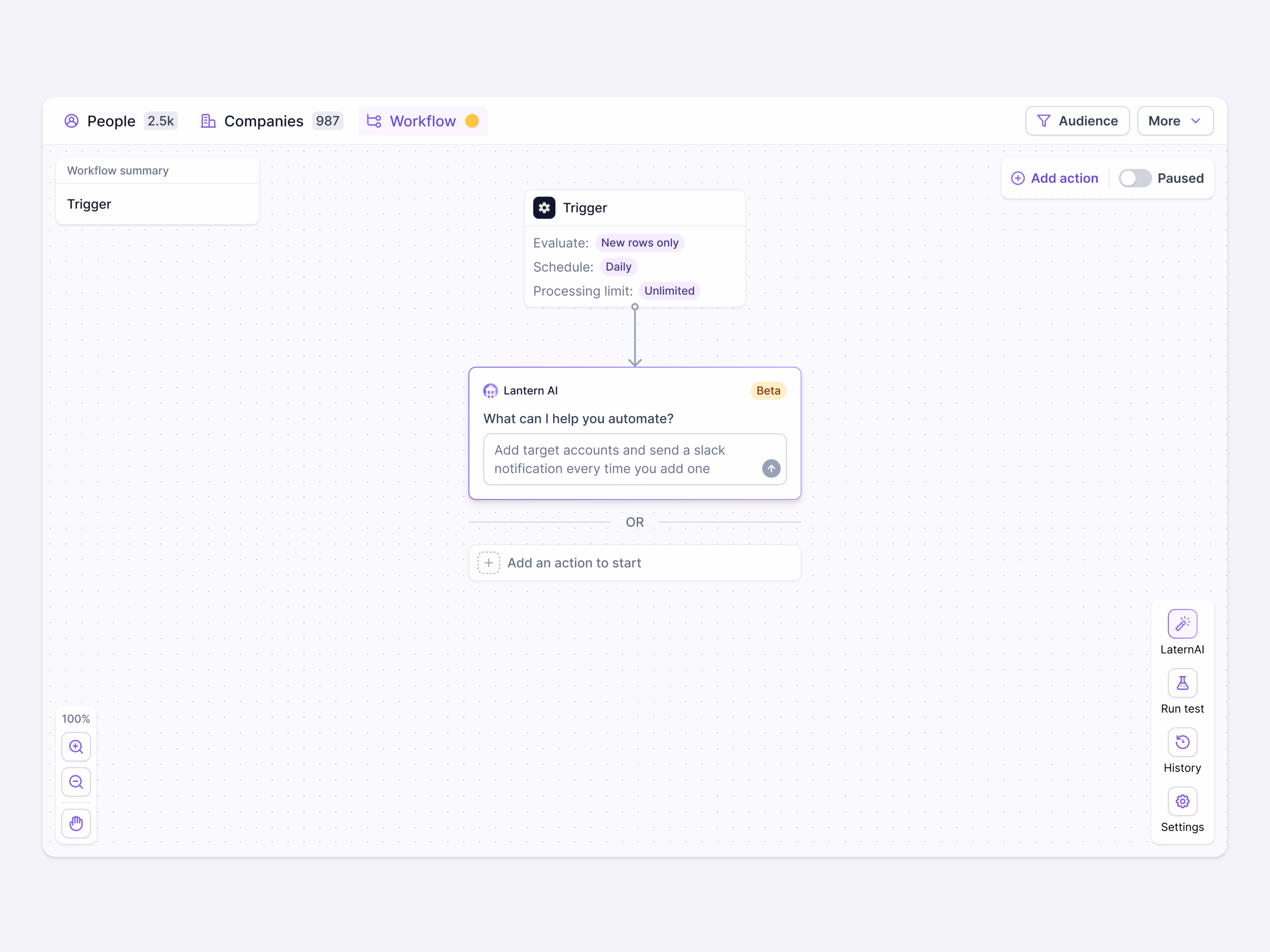Workflow builder empty state with AI prompt for Lantern