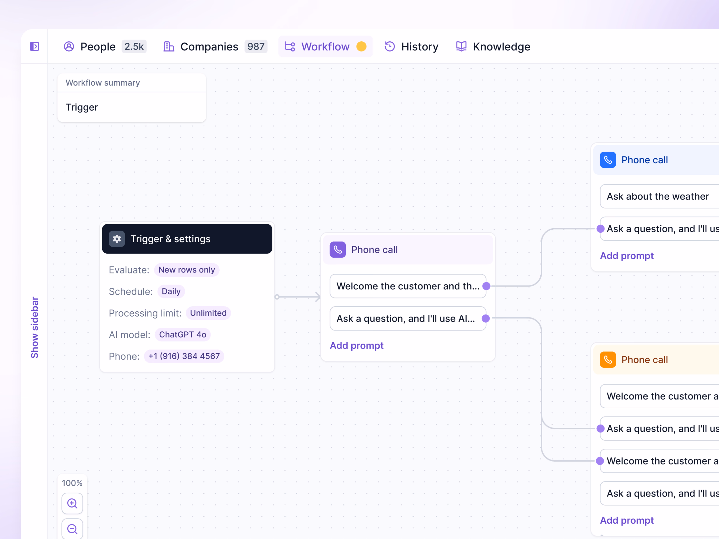AI phone call action in Lantern's workflow builder