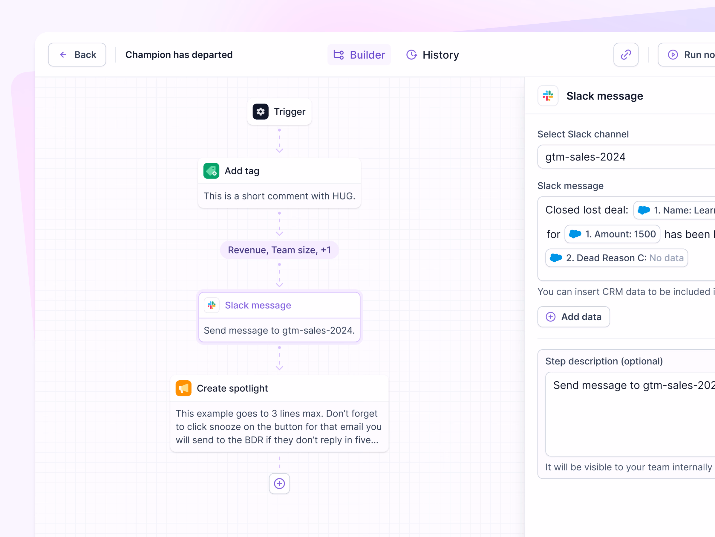 Slack message step in Lantern's workflow builder