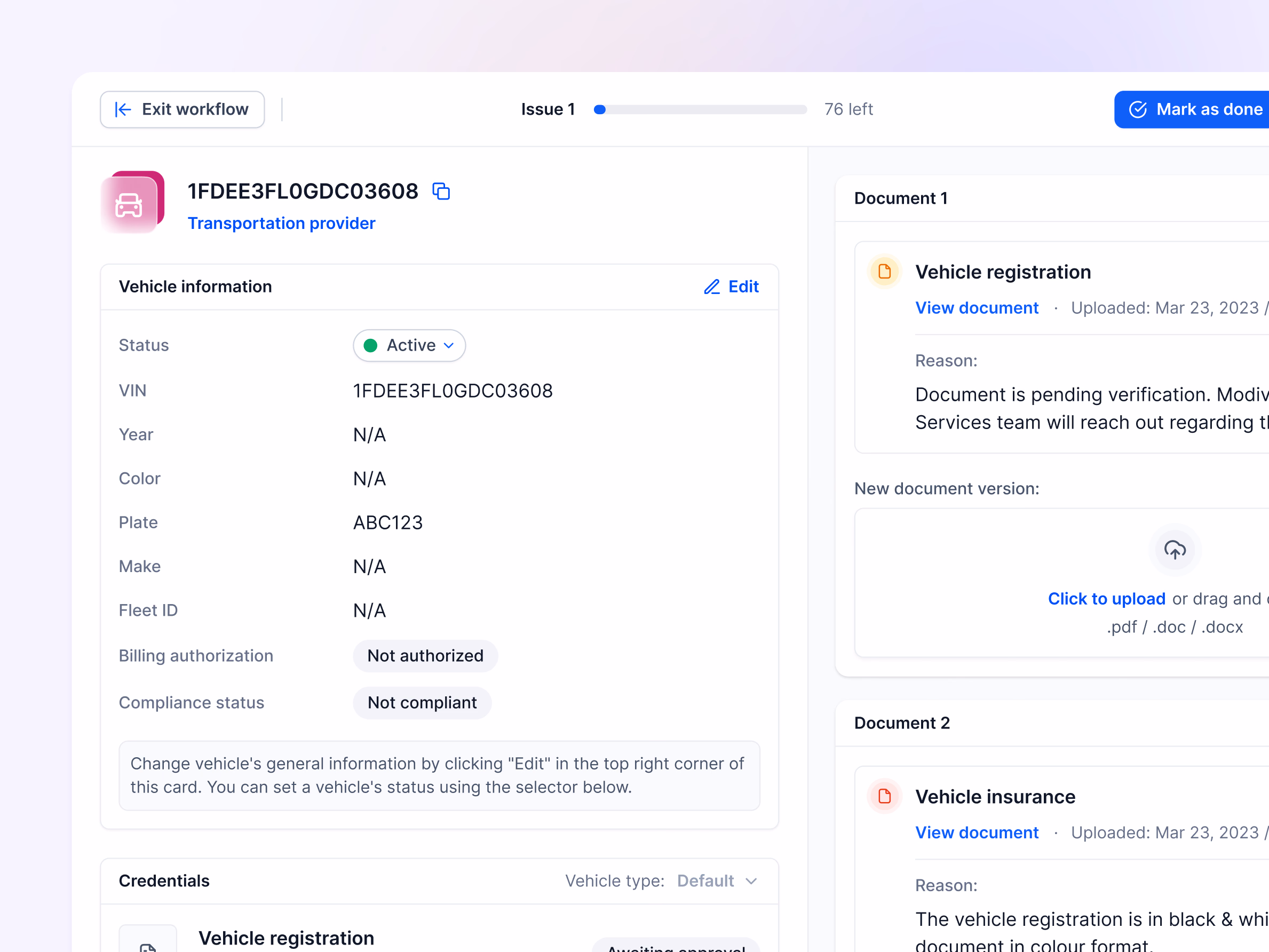 Issue resolution workflow for Complicore vehicle compliance