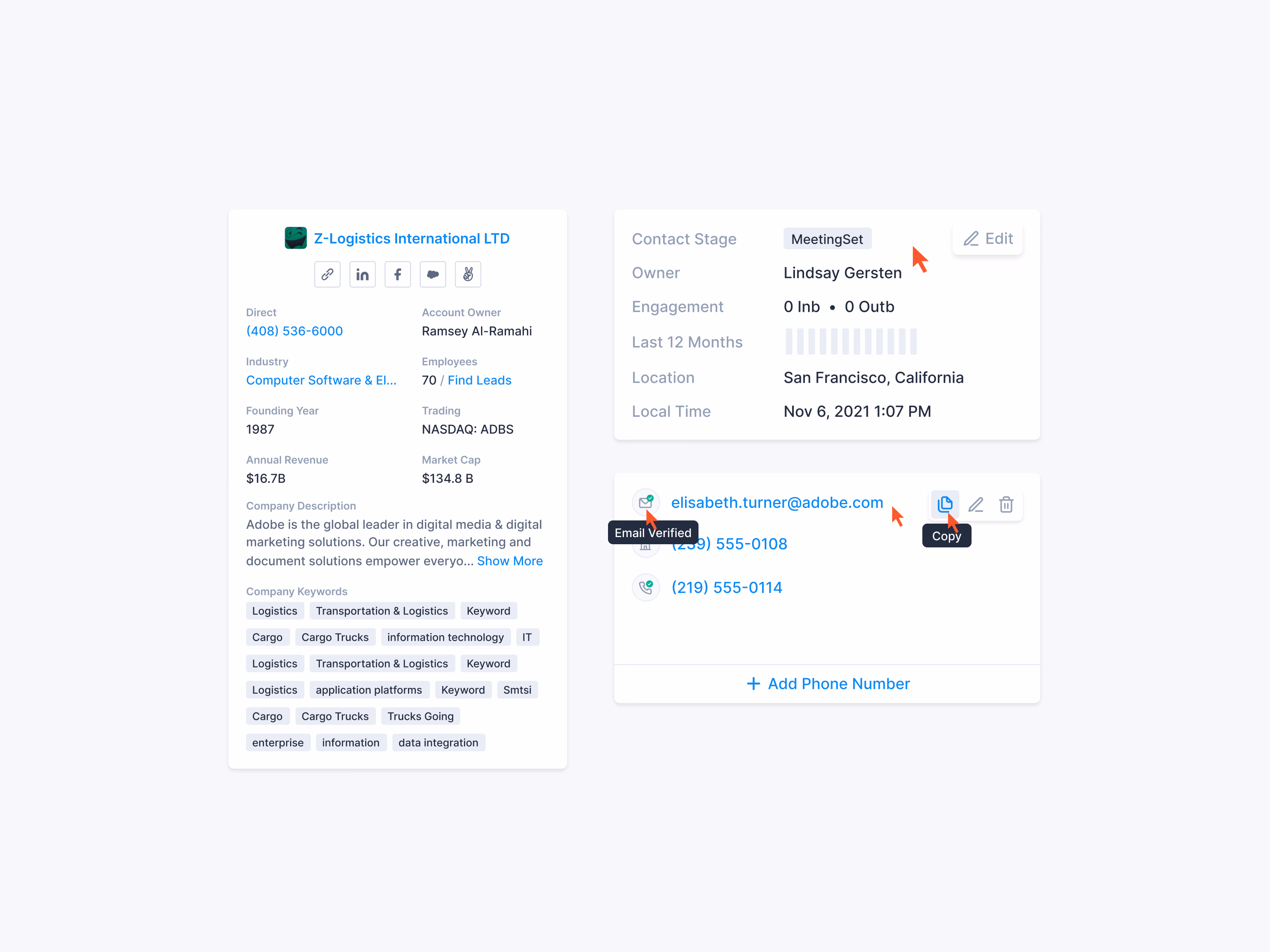 Company and contact detail card hover states in Apollo
