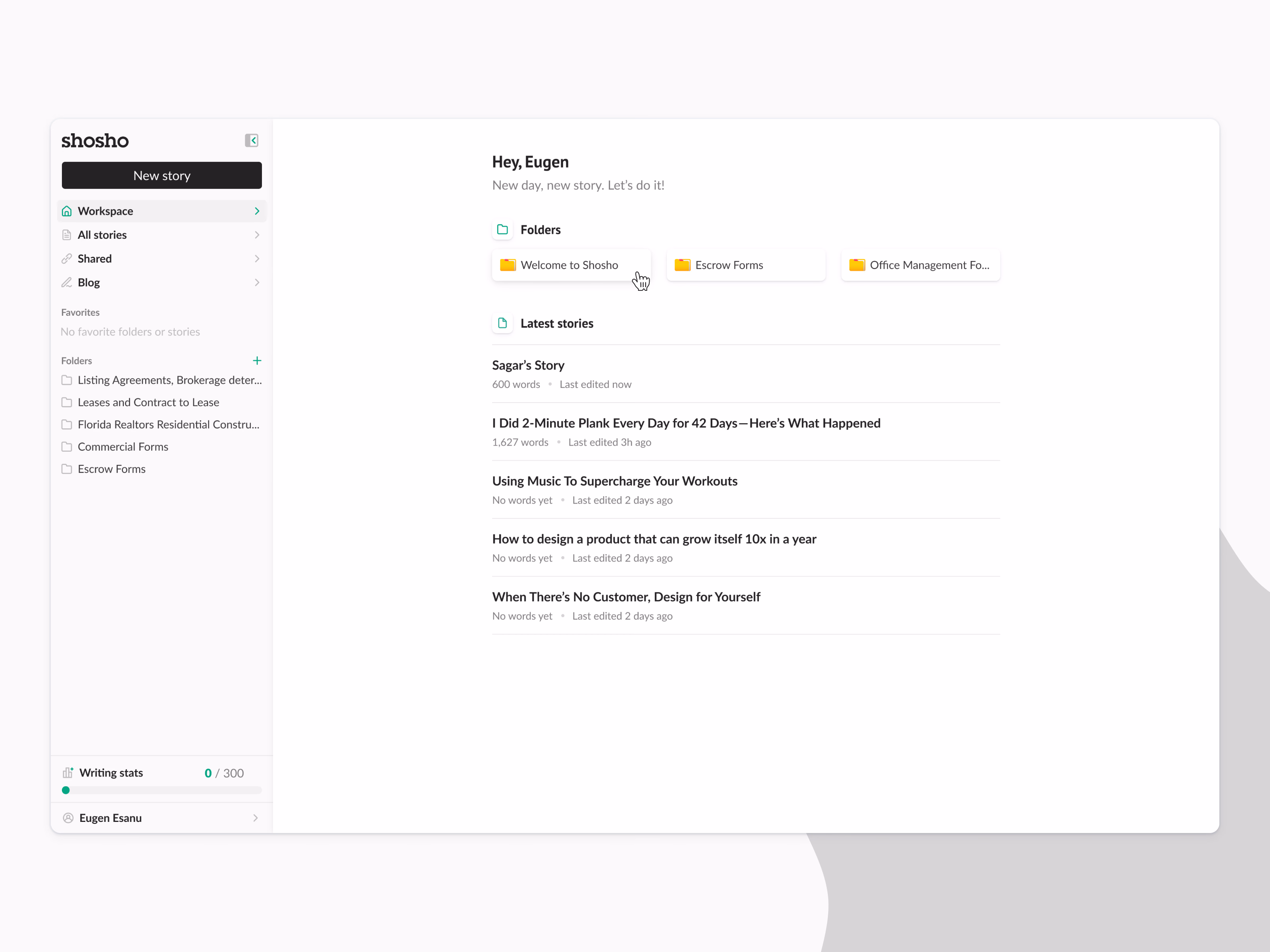 Workspace home screen for the Shosho writing app