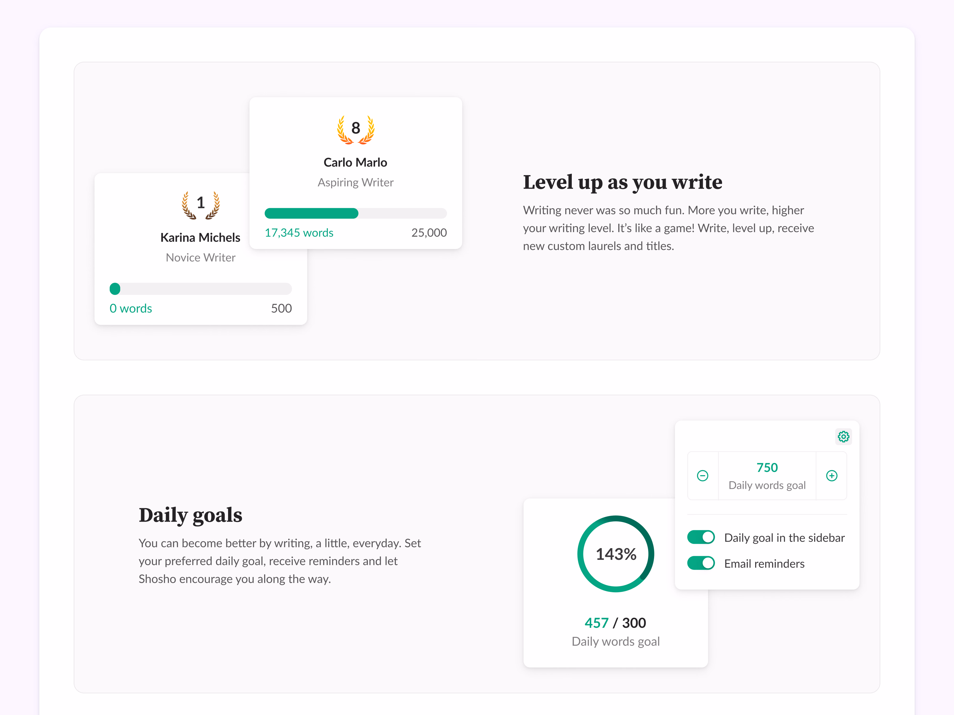 Levels and daily goals sections of Shosho's website