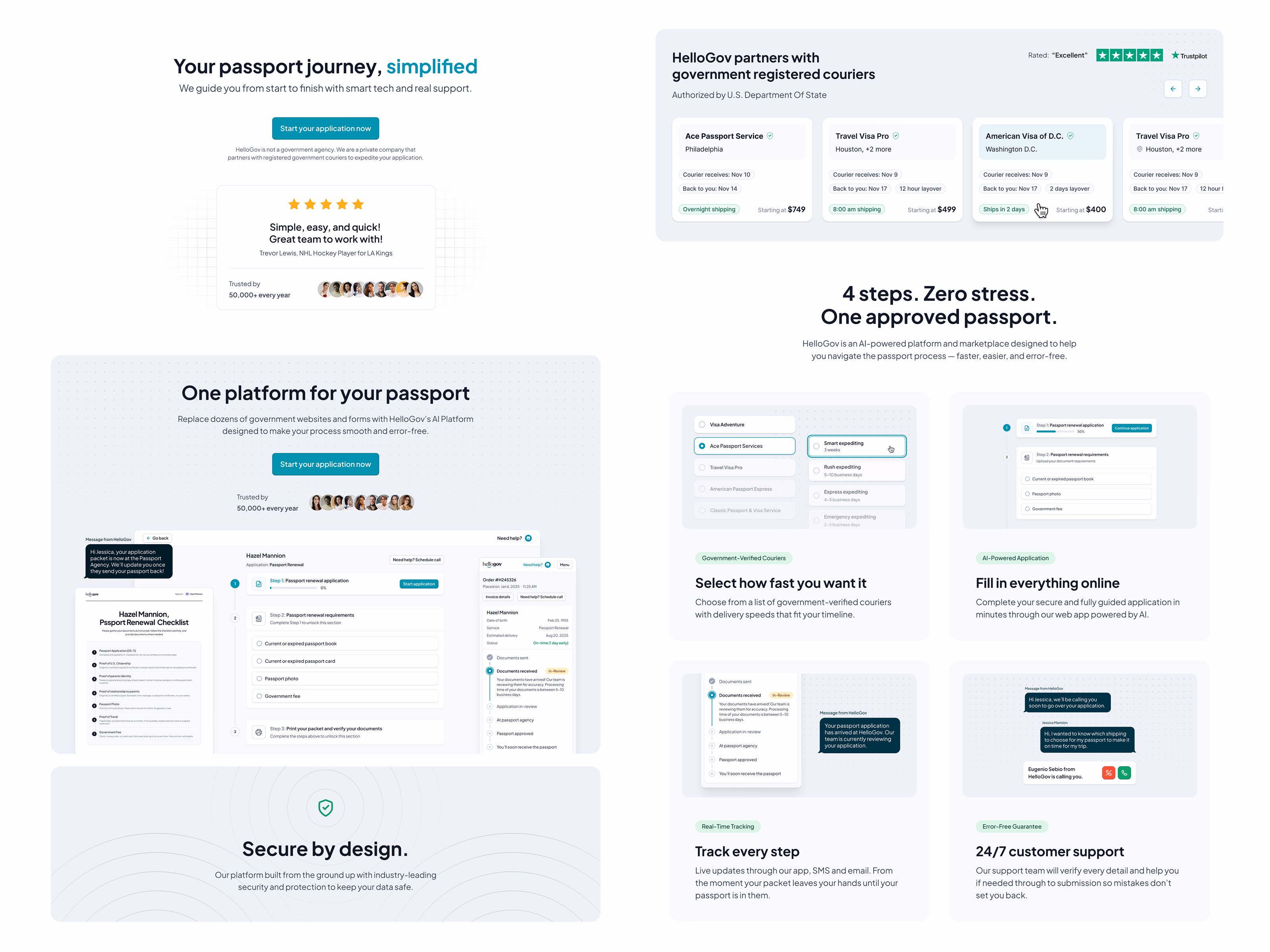 Passport service homepage hero and sections for HelloGov